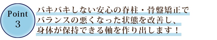 ③バキバキしない安心の脊柱・骨盤矯正でバランスの悪くなった状態を回復に導き、身体が保持できる軸を作り出します